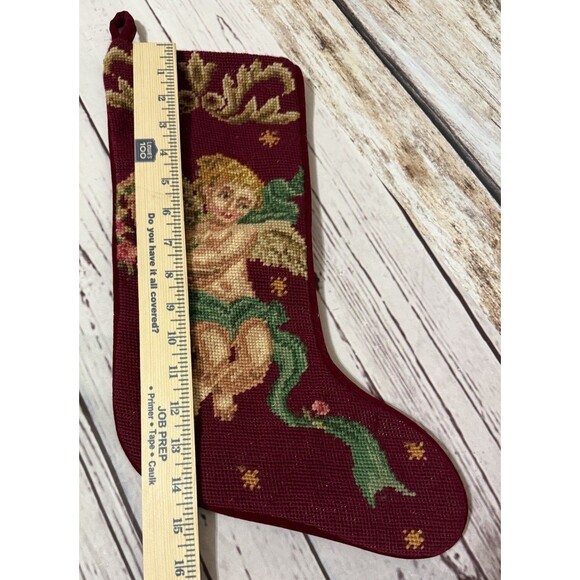 1991 Imperial Elegance Needlepoint Christmas Stocking Angel Cherub Burgundy Vtg - Picture 3 of 7